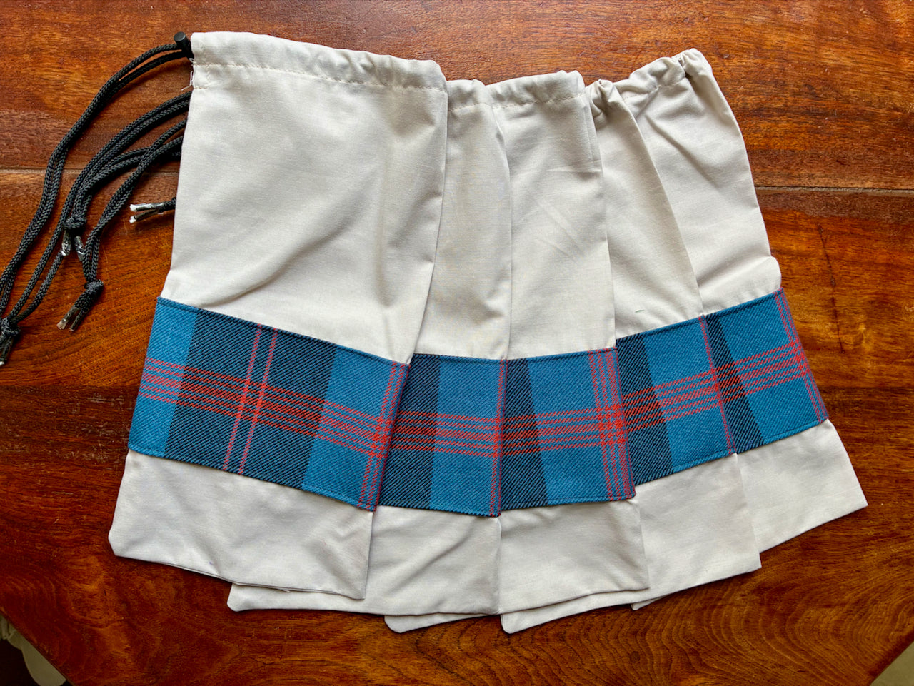 Neutral Drawstring Bag with Blue Tartan trim by Curlew Crafts