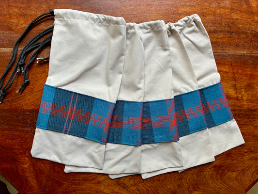 Neutral Drawstring Bag with Blue Tartan trim by Curlew Crafts