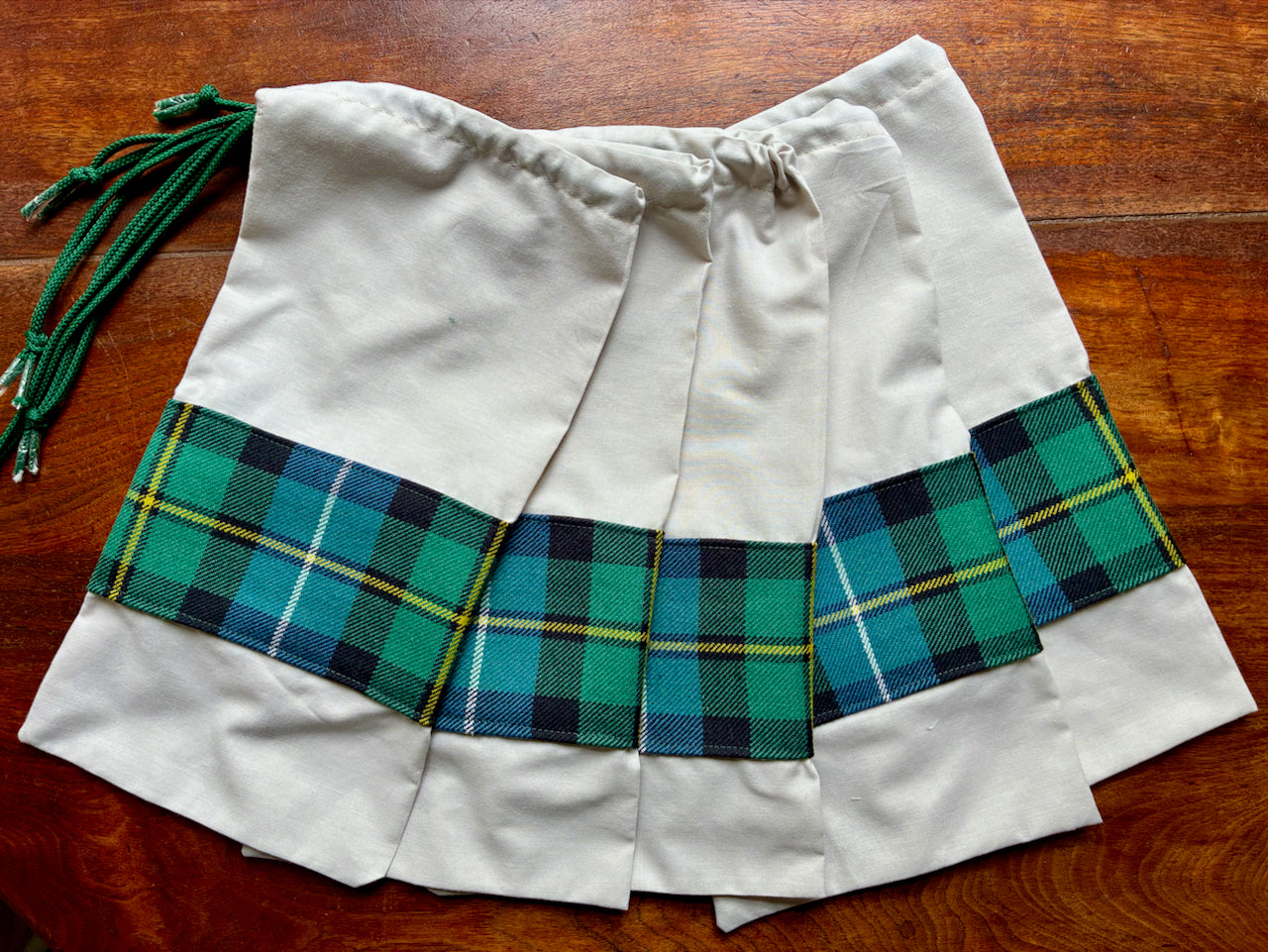 Neutral Drawstring Bag with Green Tartan trim by Curlew Crafts