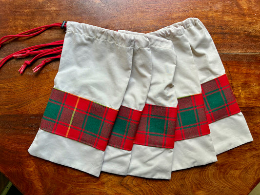Neutral Drawstring Bag with Red Tartan trim by Curlew Crafts