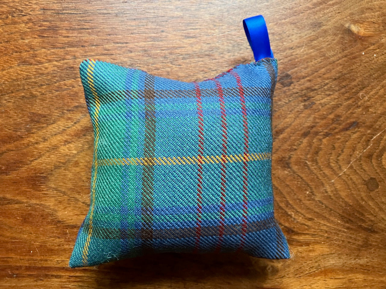 Small  Blue Tartan Pin-Cushion with a blue hook by Curlew Crafts