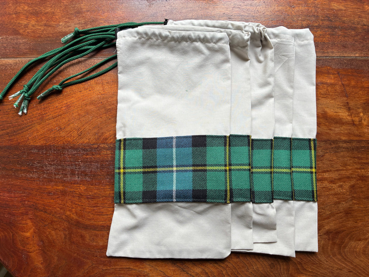 Five Green Tartan Drawstring Bags by Curlew Crafts