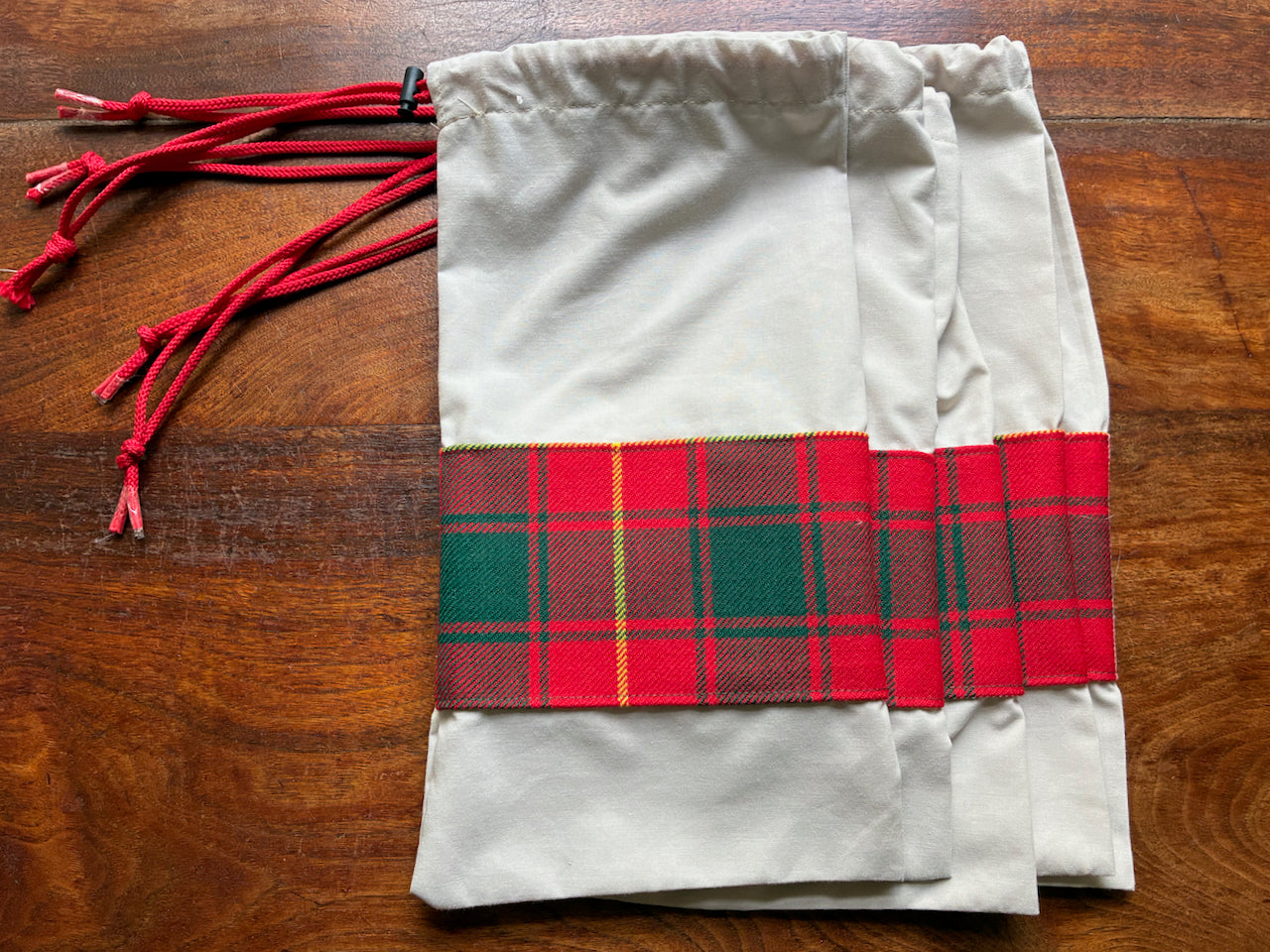 Five Red Tartan Drawstring Bags by Curlew Crafts