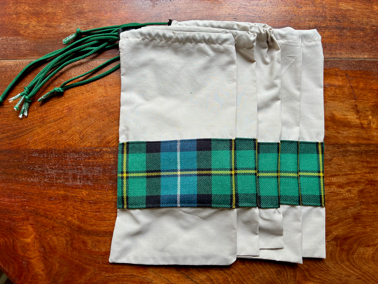 Green and Blue Tartn Banded Drawstring Shoulder Bag by Curlew Crafts