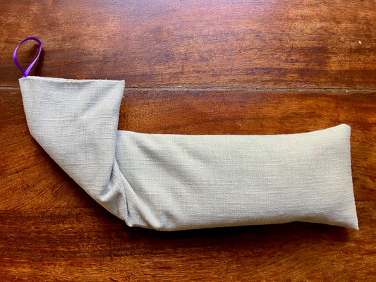 Natural Lavender scented Linen Wheat Bag with purple ribbon hook by Curlew Crafts