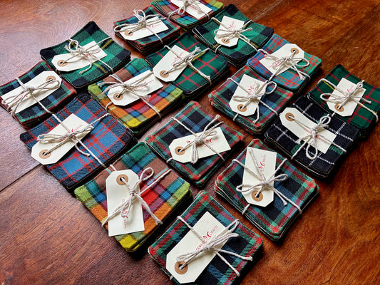 Sets of Tartan Coasters tagged ready for sale by Curlew Crafts