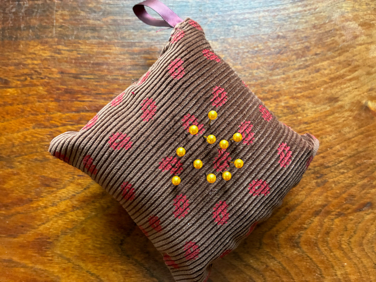 Chestnut and Rose Paisley Pincushion by Curlew Crafts