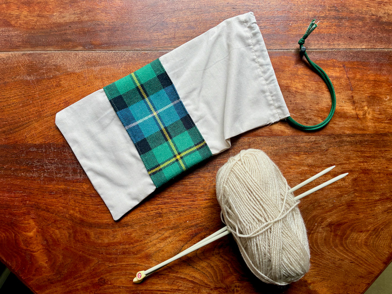 Tartan Drawstring Bag, wool and knitting needles by Curlew Crafts
