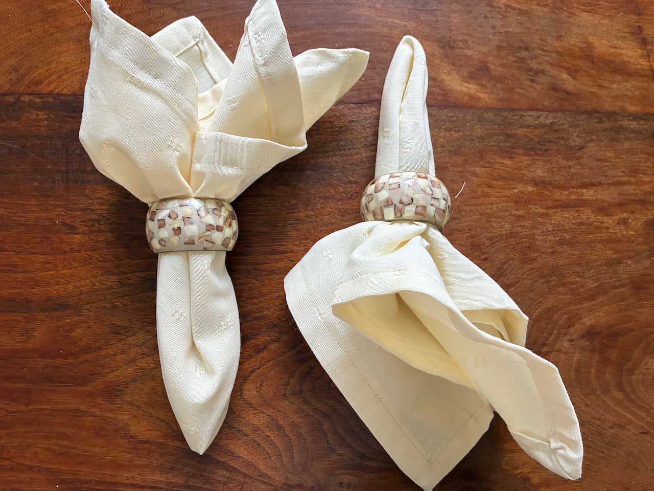 Two Cream Brocade Napkins by Curlew Crafts  in Ornate Napkin Rings