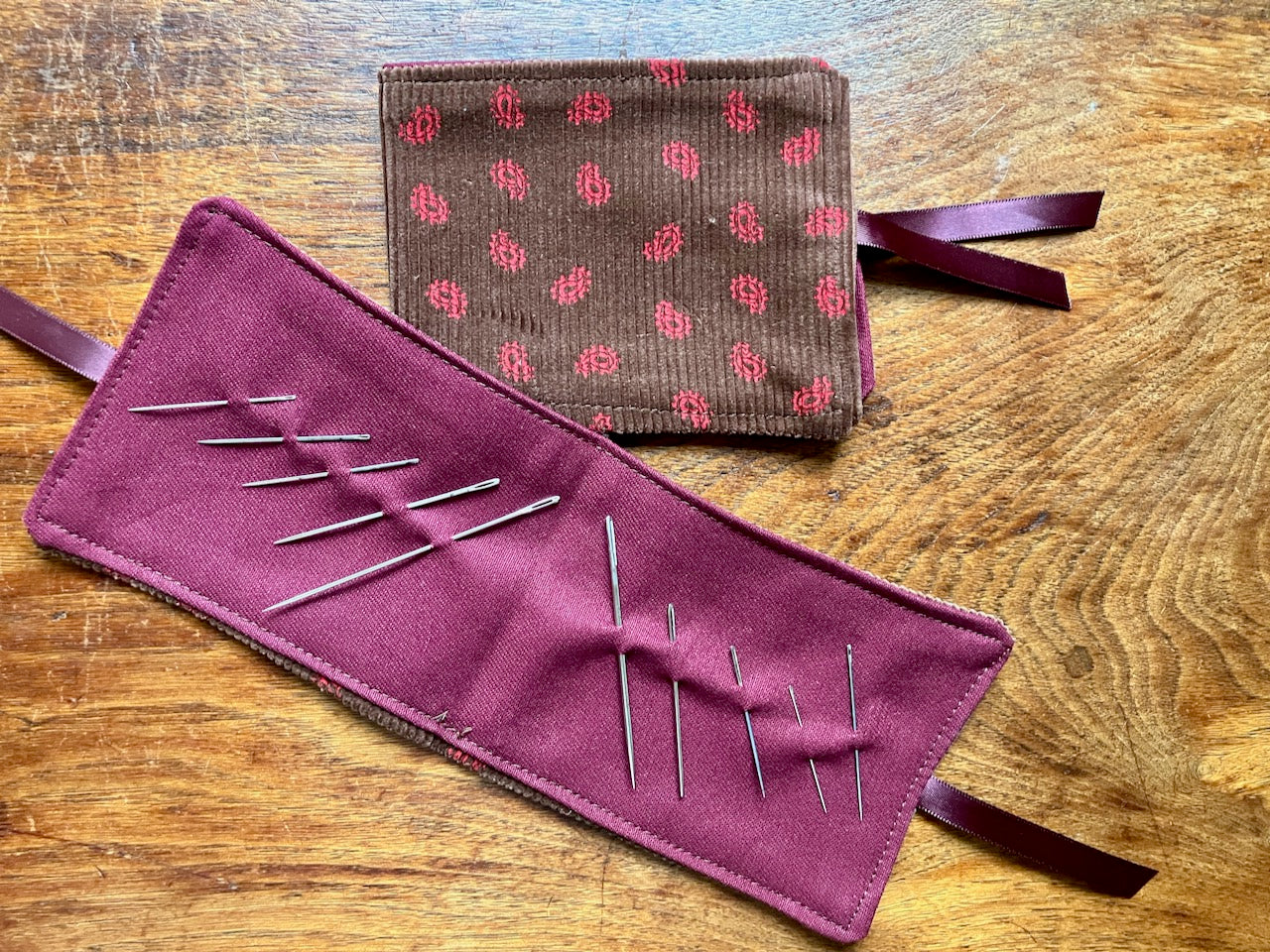 Two Brown and Rose Paisley Needle Cases by Curlew Crafts