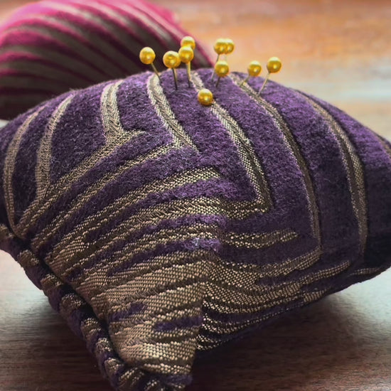 Dark Purple and Gold Art Deco Pincushion by Curlew Crafts