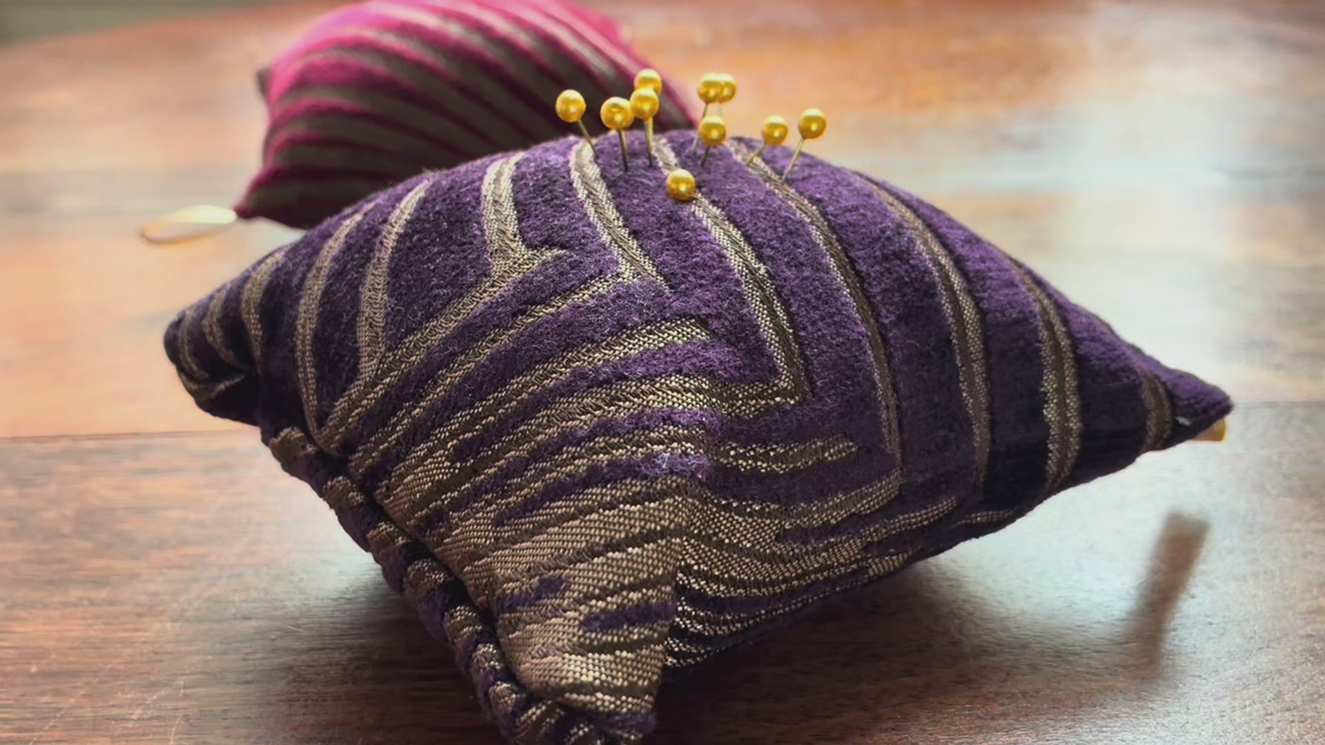 Dark Purple and Gold Art Deco Pincushion by Curlew Crafts