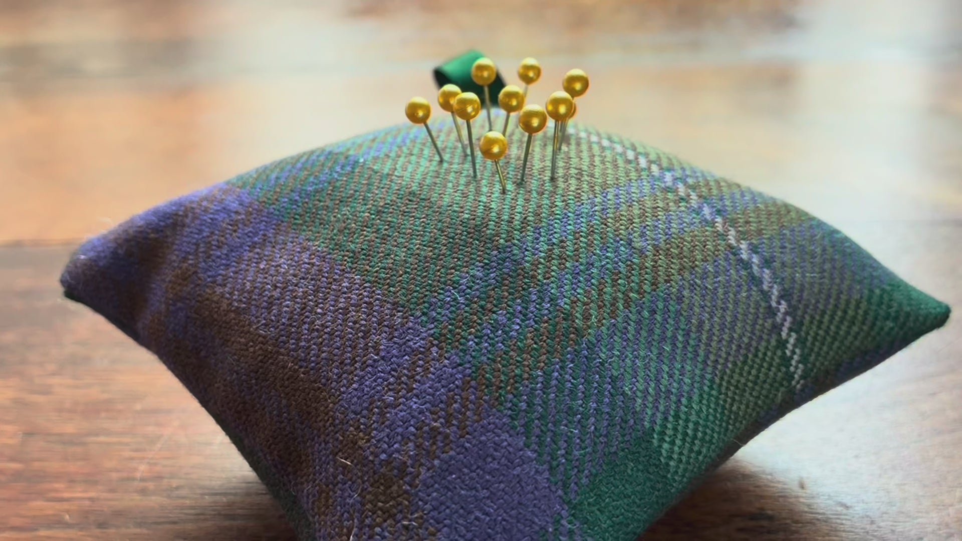 Heather, Green and Blue Tartan Pincushion by Curlew Crafts